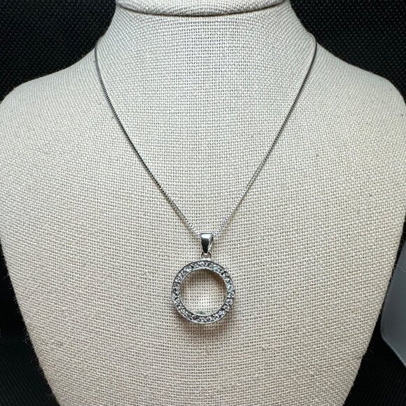 VTG Sterling Silver 925 Cubic Zirconia Circle Pendant Necklace Box Link 18'' - Picture 2 of 10